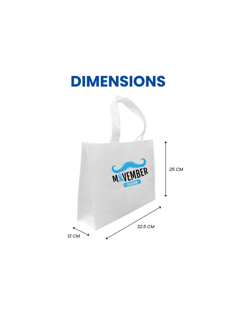 Movember A4 Non-Woven Reusable White Tote Bag With Stylish Mustache Design–Eco-Friendly,Durable And Lightweight Ideal For Movember Awareness Campaigns