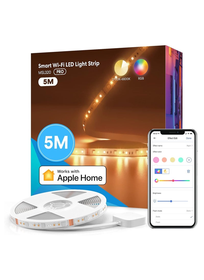 meross WiFi Connected LED Strip, 5M RGBWW Smart Strip Light Compatible with Apple HomeKit