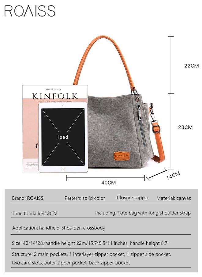 Generous Capacity Canvas Tote Bag Casual Shoulder Handbag Crossbody Style with Long Strap and Pockets for Young Women Teenagers Ideal for School and Shopping Grey Orange