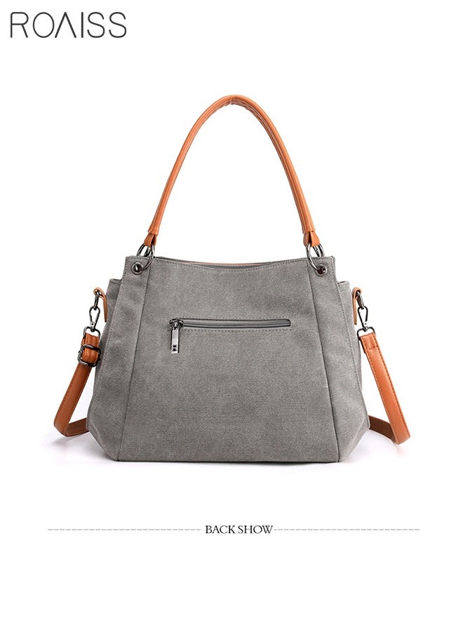 Generous Capacity Canvas Tote Bag Casual Shoulder Handbag Crossbody Style with Long Strap and Pockets for Young Women Teenagers Ideal for School and Shopping Grey Orange