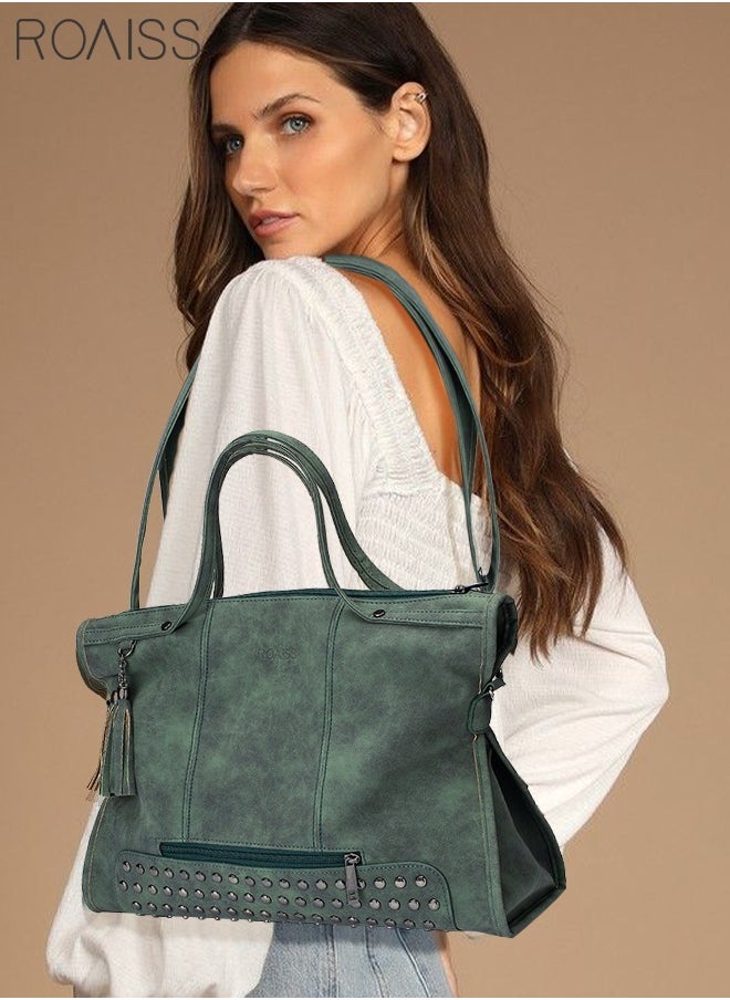 Trendy Large Capacity Tote Bag with Rivets and Tassels Retro Style Crossbody and Shoulder Bag for Women Includes Long Strap Ideal for Travel Green