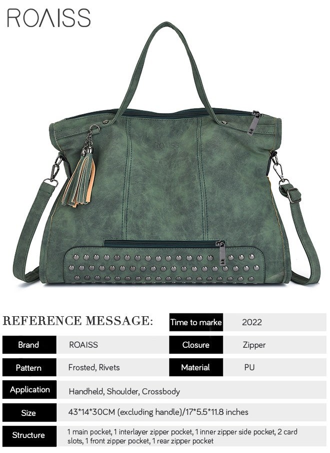 Trendy Large Capacity Tote Bag with Rivets and Tassels Retro Style Crossbody and Shoulder Bag for Women Includes Long Strap Ideal for Travel Green