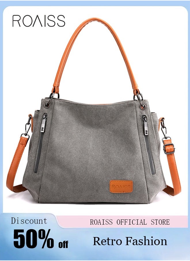 Casual Large Shoulder Tote Bag Canvas Handbag with Long Strap and Multi Pocket Design Perfect for Young Women and Teenagers for School and Shopping Grey and Orange