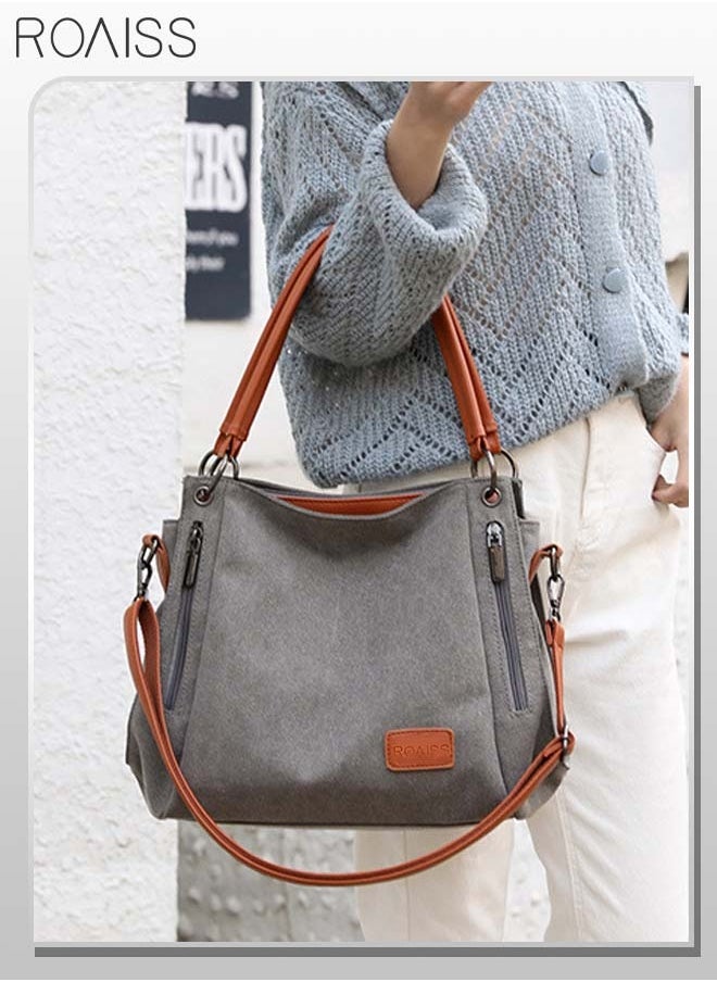 Casual Large Shoulder Tote Bag Canvas Handbag with Long Strap and Multi Pocket Design Perfect for Young Women and Teenagers for School and Shopping Grey and Orange