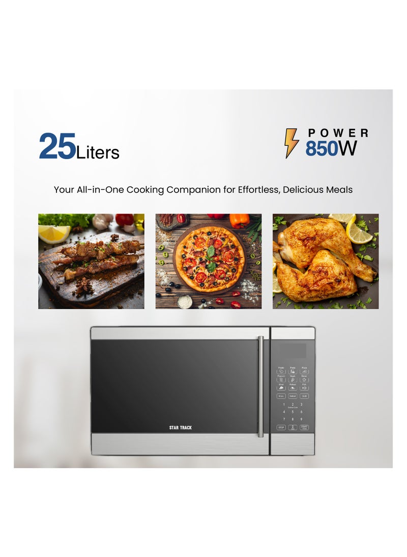 STAR TRACK 25L Digital Microwave Oven ST-MW1000-DIB25, 850W Microwave Output, 1000W Grill Power, 10 Power Levels, Mirror Glass Door