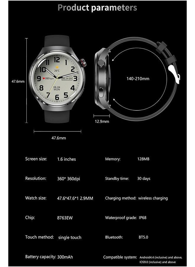 Men's Bluetooth Smartwatch Silver Metal Dial Black Silicone Strap Sports Waterproof Android Ios System Universal GT4 Pro