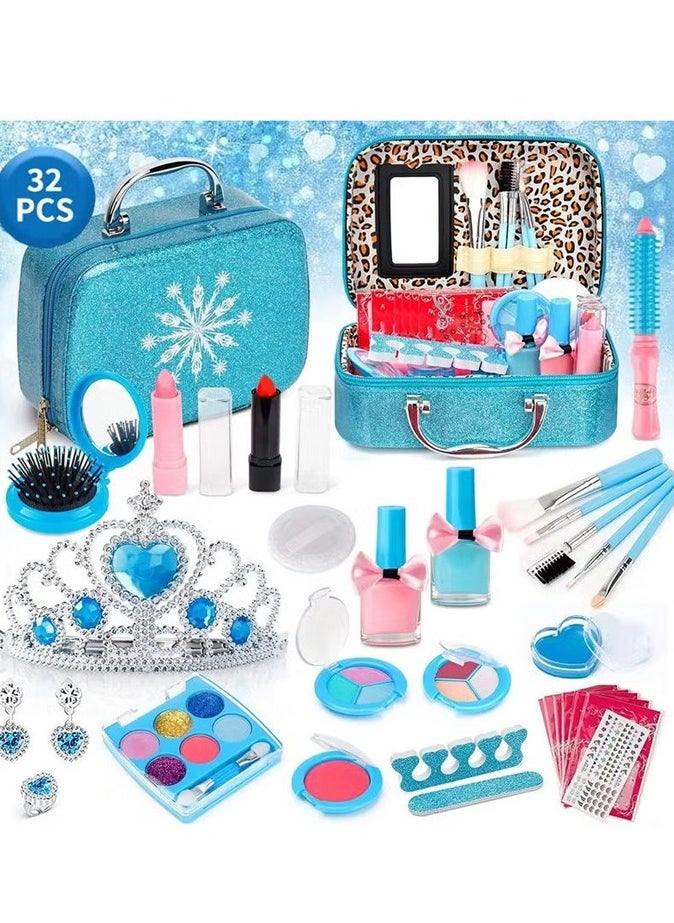 32pcs children's cosmetic bag, washable cosmetic toys, gifts for little girls, makeup games, makeup toys blue