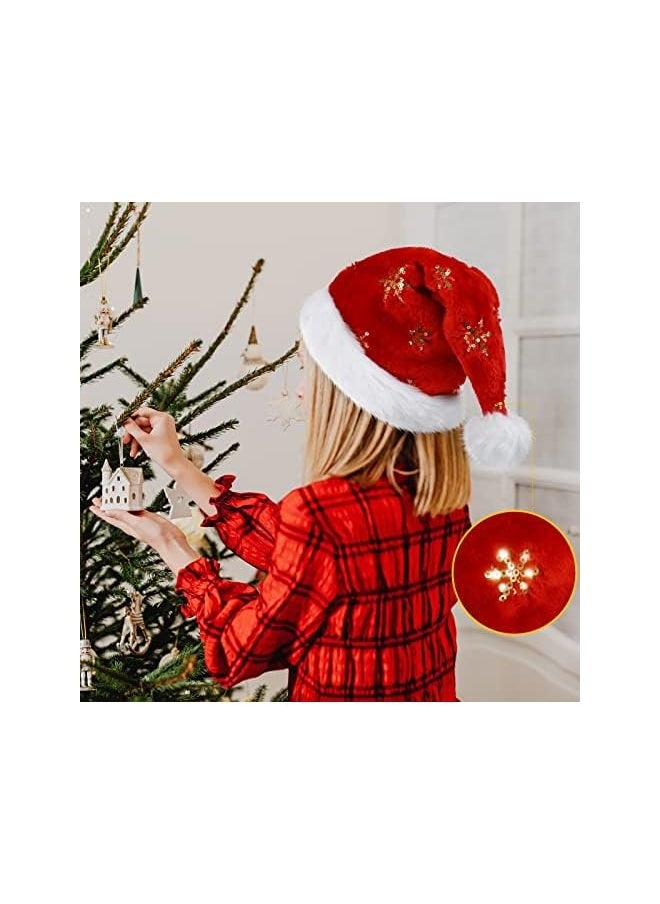 Christmas Hat for Adults, Deluxe Velour Santa Hat with Soft Liner, Plush Brim Santa Hat with Golden Sequins, Snowflake for Men and Women