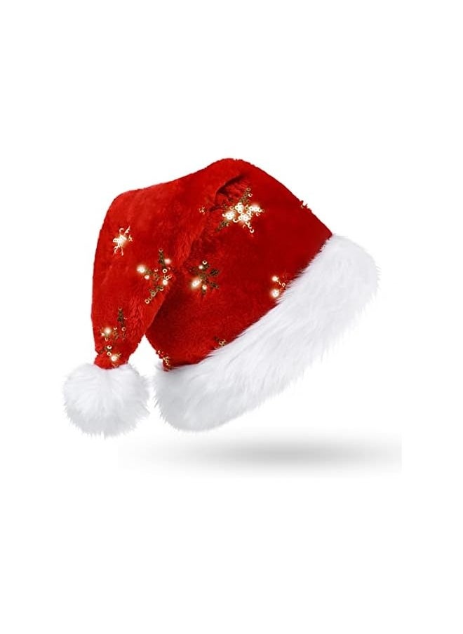 Christmas Hat for Adults, Deluxe Velour Santa Hat with Soft Liner, Plush Brim Santa Hat with Golden Sequins, Snowflake for Men and Women