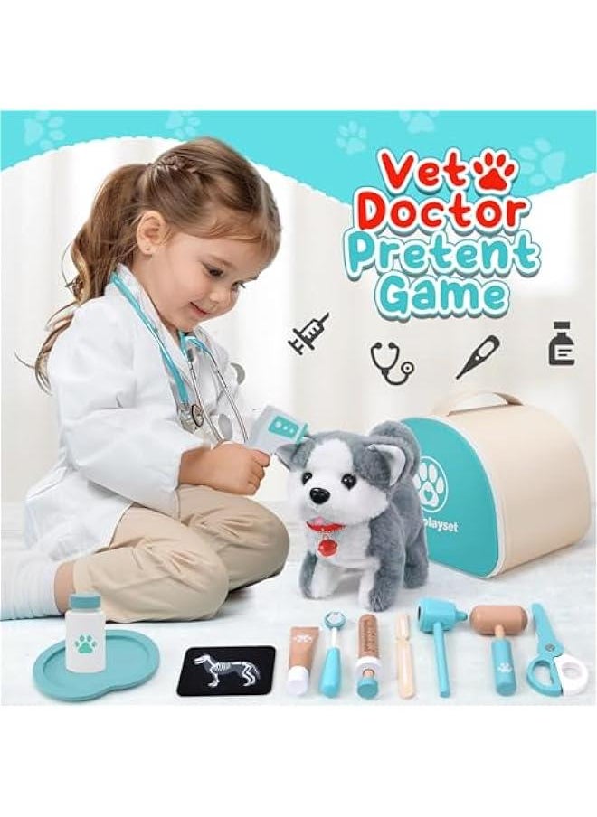 27 Pcs Kids Doctor Kit Dog Toys Toddlers Wooden Veterinarian Playset Walking Barking Electronic Stuffed Dog Vet Costume Puppy Pet Pretend Play Gifts for Girls Boys 3 4 5 6+ Year Old, Blue