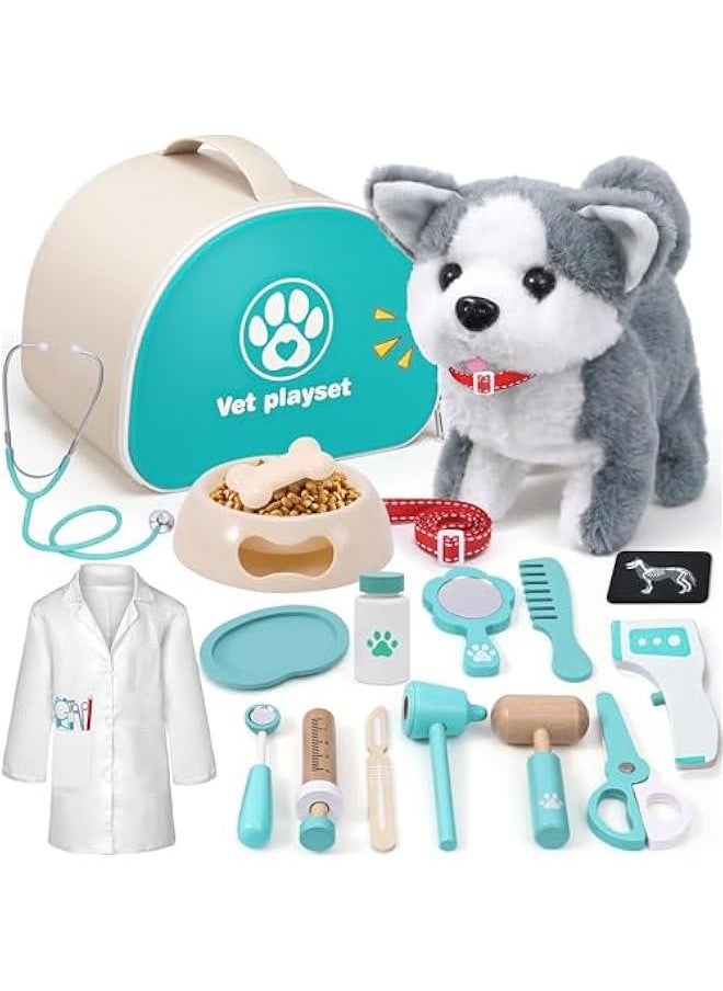 27 Pcs Kids Doctor Kit Dog Toys Toddlers Wooden Veterinarian Playset Walking Barking Electronic Stuffed Dog Vet Costume Puppy Pet Pretend Play Gifts for Girls Boys 3 4 5 6+ Year Old, Blue