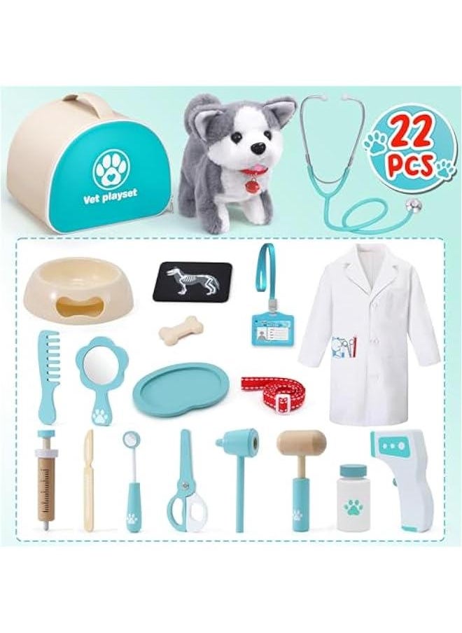 27 Pcs Kids Doctor Kit Dog Toys Toddlers Wooden Veterinarian Playset Walking Barking Electronic Stuffed Dog Vet Costume Puppy Pet Pretend Play Gifts for Girls Boys 3 4 5 6+ Year Old, Blue