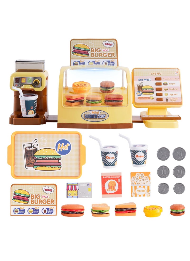 Toy Cash Register for Kids Play Cash Register Toys Play Store with Coffee Machine Hamburger Sandwich Hot Dog Egg Tart Play Money Play Food Pretend Play Set Fast Food Gifts for Girls Boys Kids Ages 3+