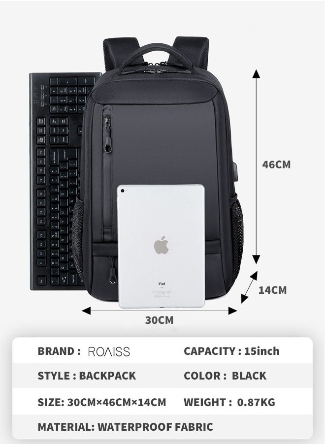 Functional Black Backpack with USB Port for Men Suitable for School Work Travel and Business Trips Waterproof Design