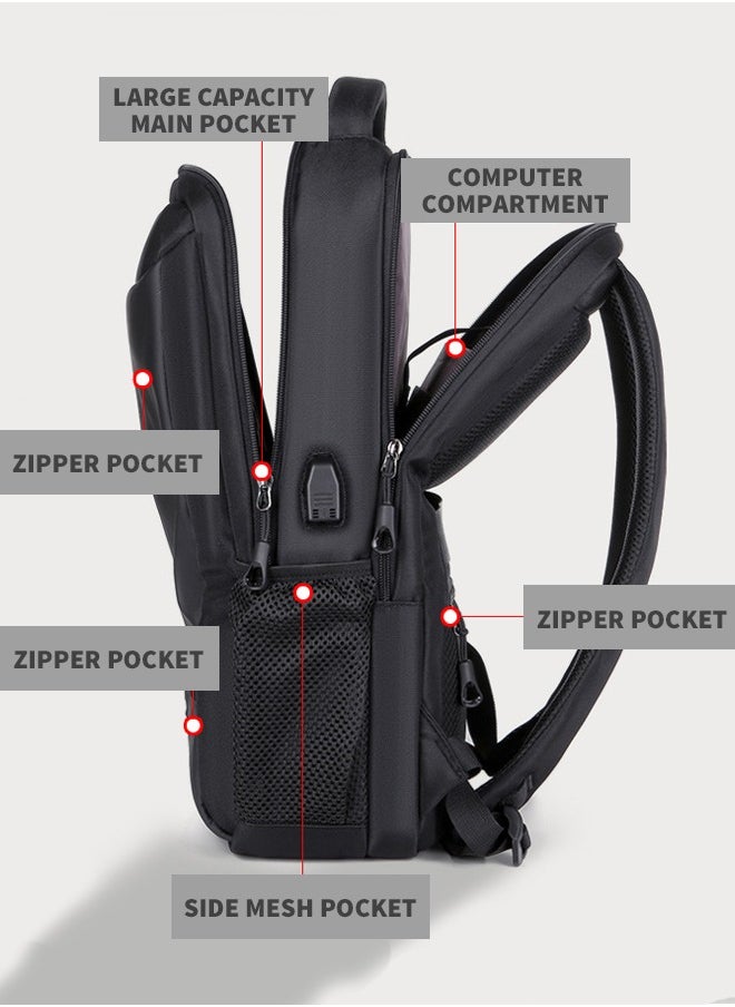 Functional Black Backpack with USB Port for Men Suitable for School Work Travel and Business Trips Waterproof Design