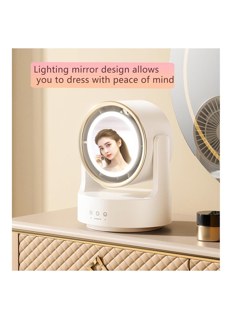 Bladeless Fan with Light, Small Oscillating Fan, Desk Mini Fan, Mirrow for Make Up, Strong Airflow Travel Rechargeable Fan, 5 Speeds 135° Horizon/ 90° Pitch Adjustable Quiet Fan for Bedroom (White)