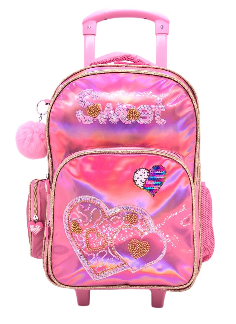 Pink Heart and Butterfly Design Rolling Backpack 18 inch Wheeled Kids Backpack with Lunch Bag and Pencil Case for Girls Blue and Pink