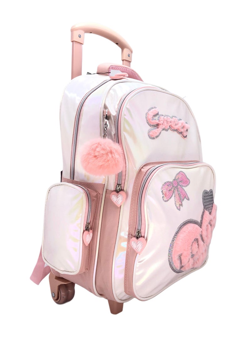 Peach Color Design Rolling Backpack 15 inch Wheeled Kids Backpack with Lunch Bag and Pencil Case for Girls Blue and Boys