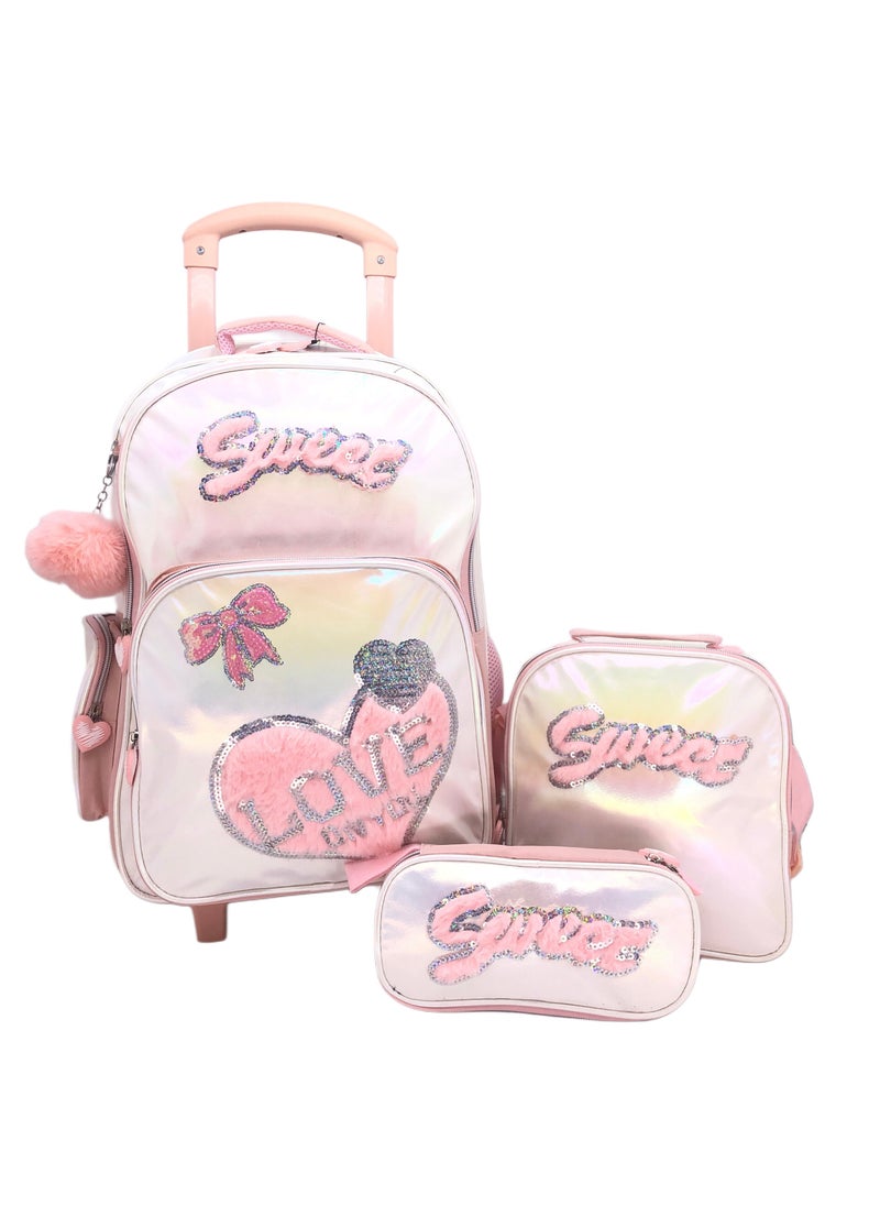 Peach Color Design Rolling Backpack 15 inch Wheeled Kids Backpack with Lunch Bag and Pencil Case for Girls Blue and Boys