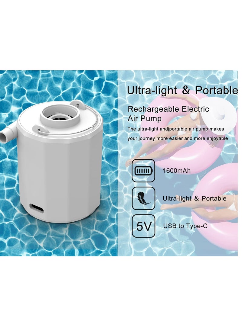 Portable Mini Electric Air Pump with 3 Camping Light Mode and 5 Air Nozzles for Inflatables, Balloon, Vacuum Storage Bag, Air Bed, Pool Floats, Swimming Ring, Outdoor Air Mattress, Toys, White