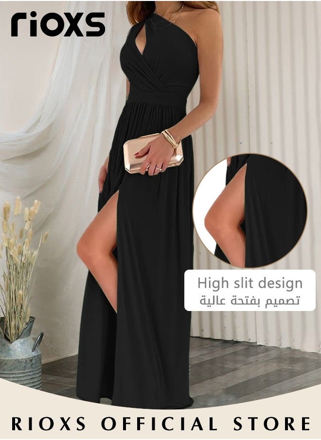 Women's Elegant Evening Dress One Side Shoulder Sleeveless Split High Waist Bodycon Long Dress for Evening Formal Business Party