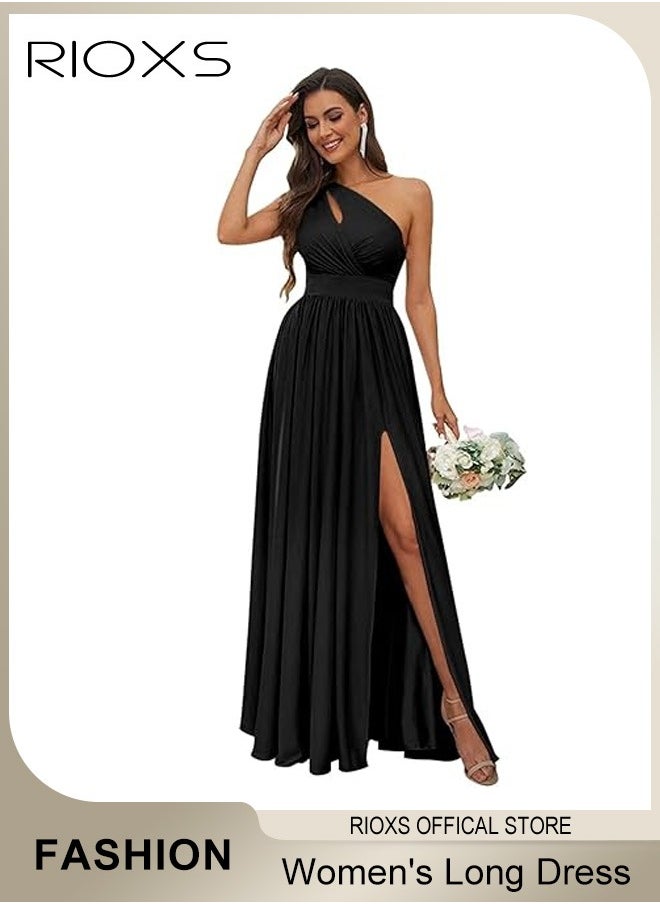 Women's Elegant Evening Dress One Side Shoulder Sleeveless Split High Waist Bodycon Long Dress for Evening Formal Business Party