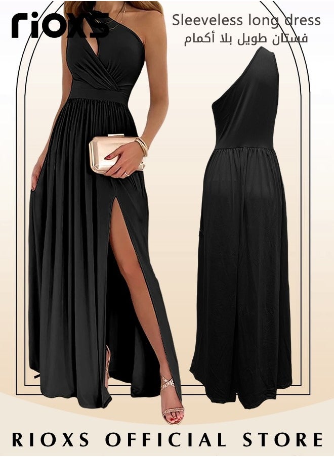 Women's Elegant Evening Dress One Side Shoulder Sleeveless Split High Waist Bodycon Long Dress for Evening Formal Business Party