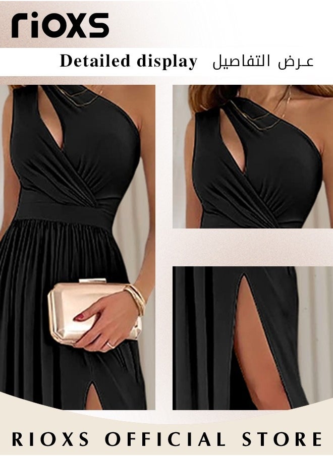 Women's Elegant Evening Dress One Side Shoulder Sleeveless Split High Waist Bodycon Long Dress for Evening Formal Business Party