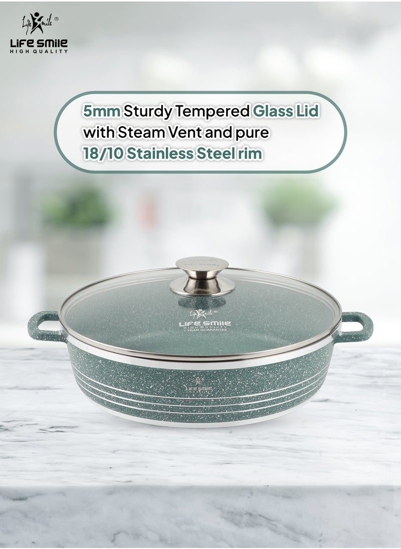 28cm (3.9 Liter) LIFE SMILE Shallow Pot with Lid | Non Stick PFOA FREE Granite Coating Frying Pan | Oven Safe | Dishwasher Safe | Double Handle (Green)