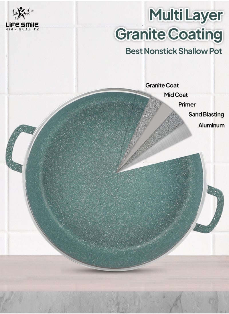 28cm (3.9 Liter) LIFE SMILE Shallow Pot with Lid | Non Stick PFOA FREE Granite Coating Frying Pan | Oven Safe | Dishwasher Safe | Double Handle (Green)