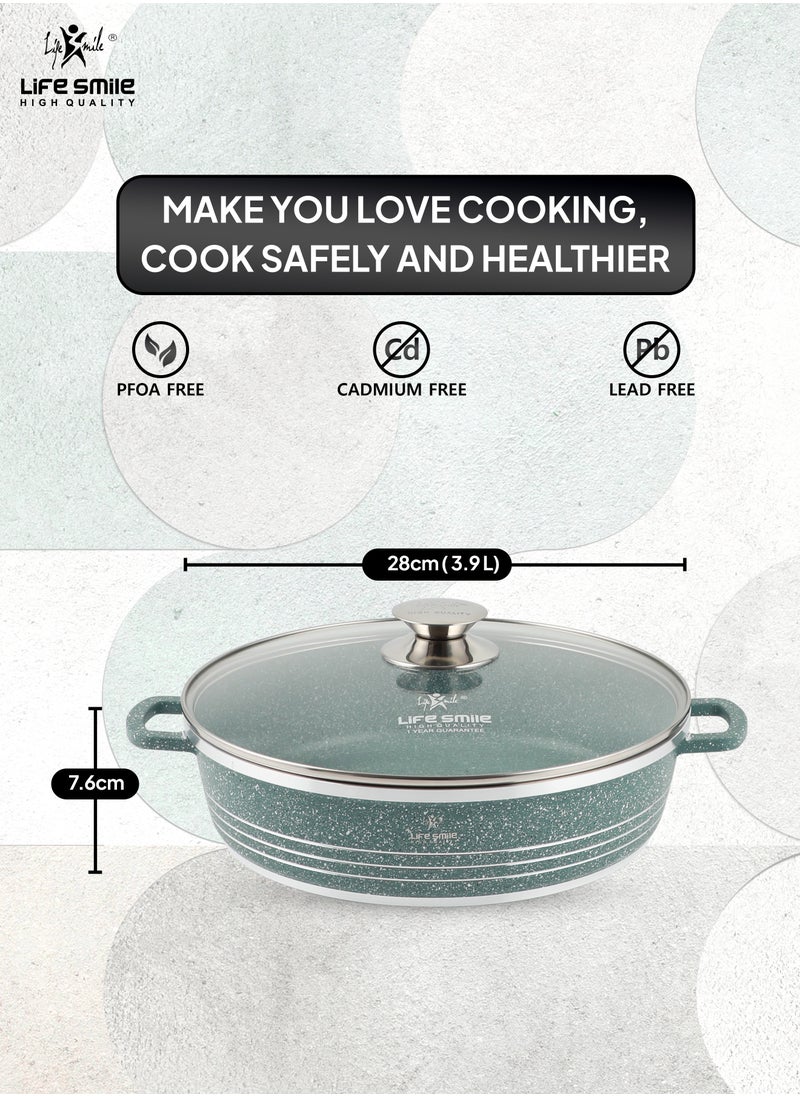 28cm (3.9 Liter) LIFE SMILE Shallow Pot with Lid | Non Stick PFOA FREE Granite Coating Frying Pan | Oven Safe | Dishwasher Safe | Double Handle (Green)