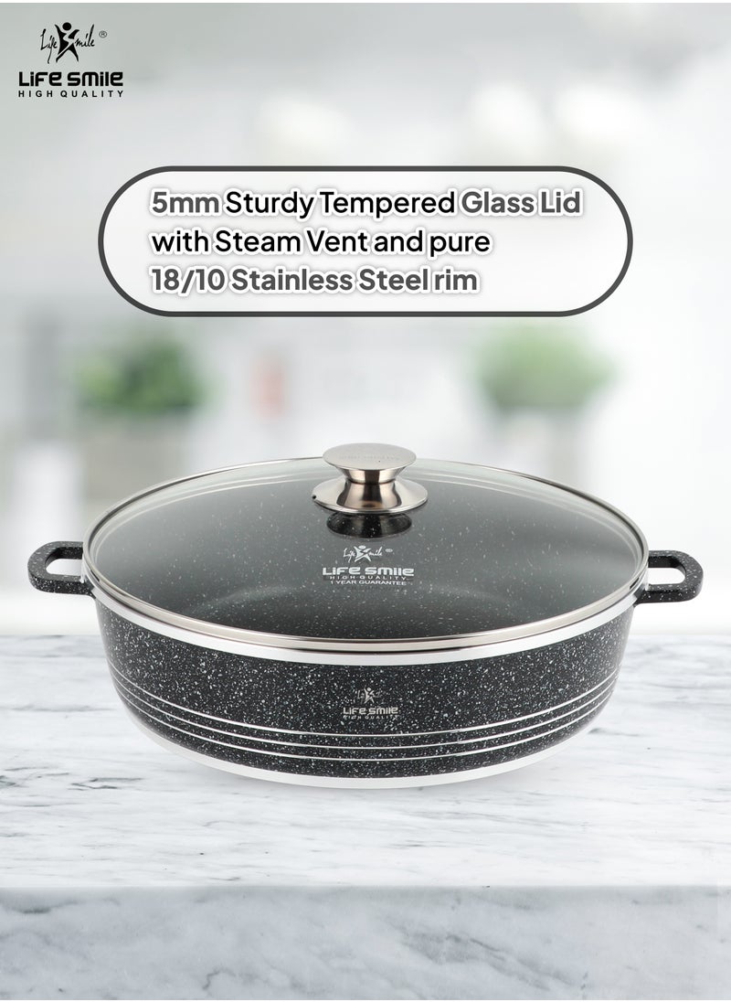 28cm (3.9 Liter) LIFE SMILE Shallow Pot with Lid | Non Stick PFOA FREE Granite Coating Frying Pan | Oven Safe | Dishwasher Safe | Double Handle (Black)