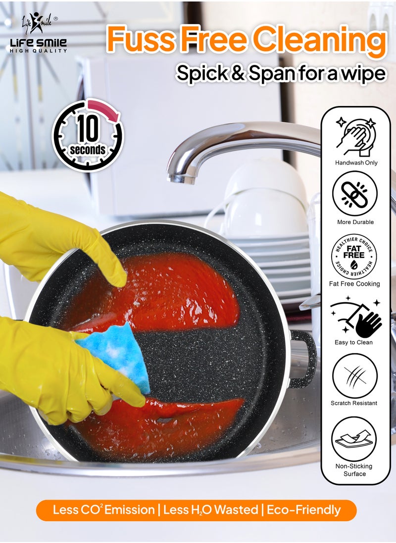 40cm (9.6 Liter) LIFE SMILE Shallow Pot with Lid | Non Stick PFOA FREE Granite Coating Frying Pan | Oven Safe | Dishwasher Safe | Double Handle (Black)