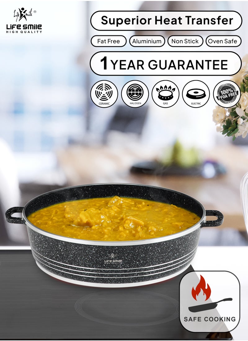 40cm (9.6 Liter) LIFE SMILE Shallow Pot with Lid | Non Stick PFOA FREE Granite Coating Frying Pan | Oven Safe | Dishwasher Safe | Double Handle (Black)