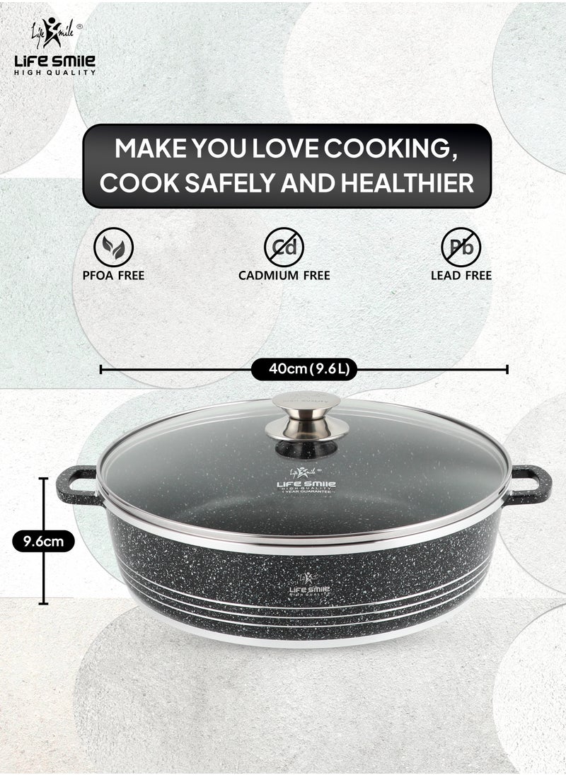 40cm (9.6 Liter) LIFE SMILE Shallow Pot with Lid | Non Stick PFOA FREE Granite Coating Frying Pan | Oven Safe | Dishwasher Safe | Double Handle (Black)