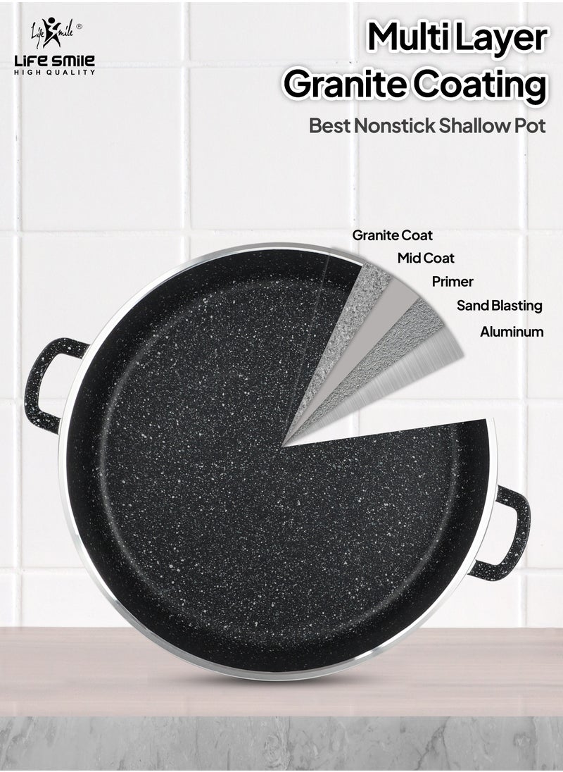 40cm (9.6 Liter) LIFE SMILE Shallow Pot with Lid | Non Stick PFOA FREE Granite Coating Frying Pan | Oven Safe | Dishwasher Safe | Double Handle (Black)