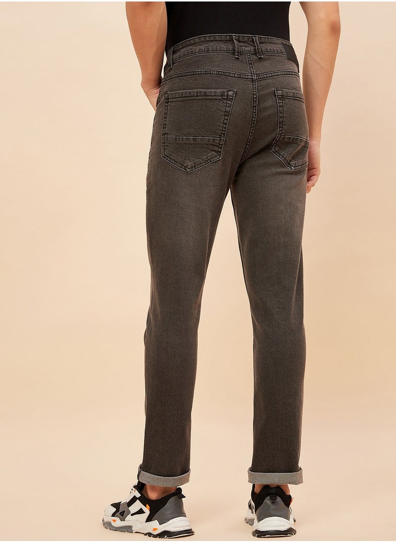 Mid-Rise Straight Fit Black Jeans for Men with Light Fade Detail