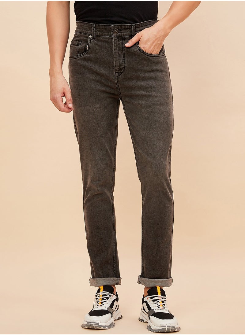 Mid-Rise Straight Fit Black Jeans for Men with Light Fade Detail