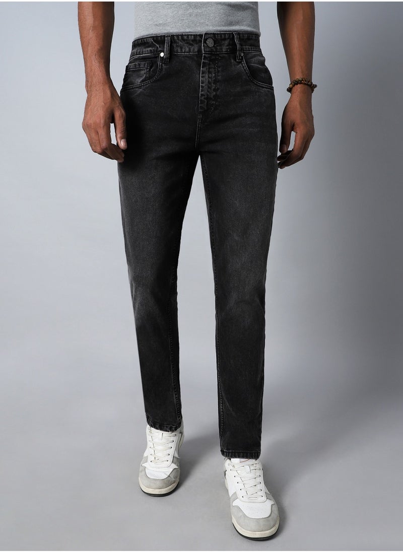 Straight Fit Black Jeans for Men, Mid-Rise and Heavy Fade