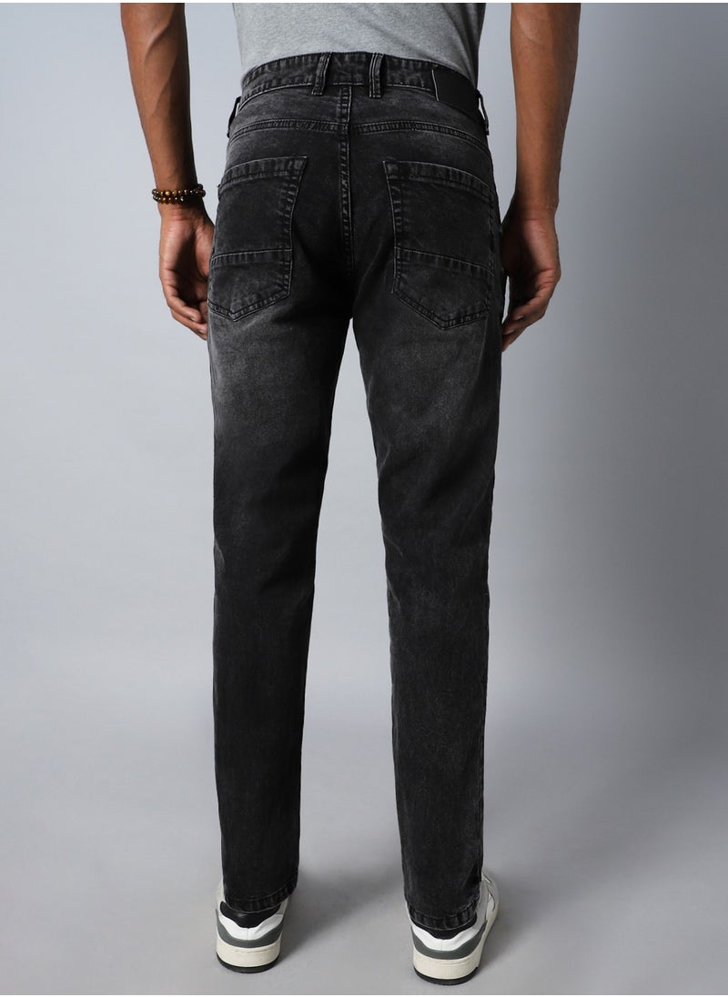 Straight Fit Black Jeans for Men, Mid-Rise and Heavy Fade