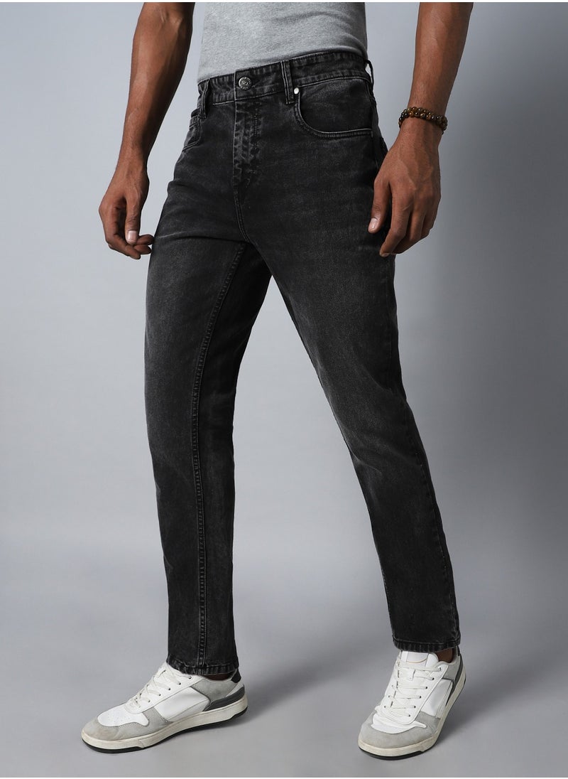 Straight Fit Black Jeans for Men, Mid-Rise and Heavy Fade