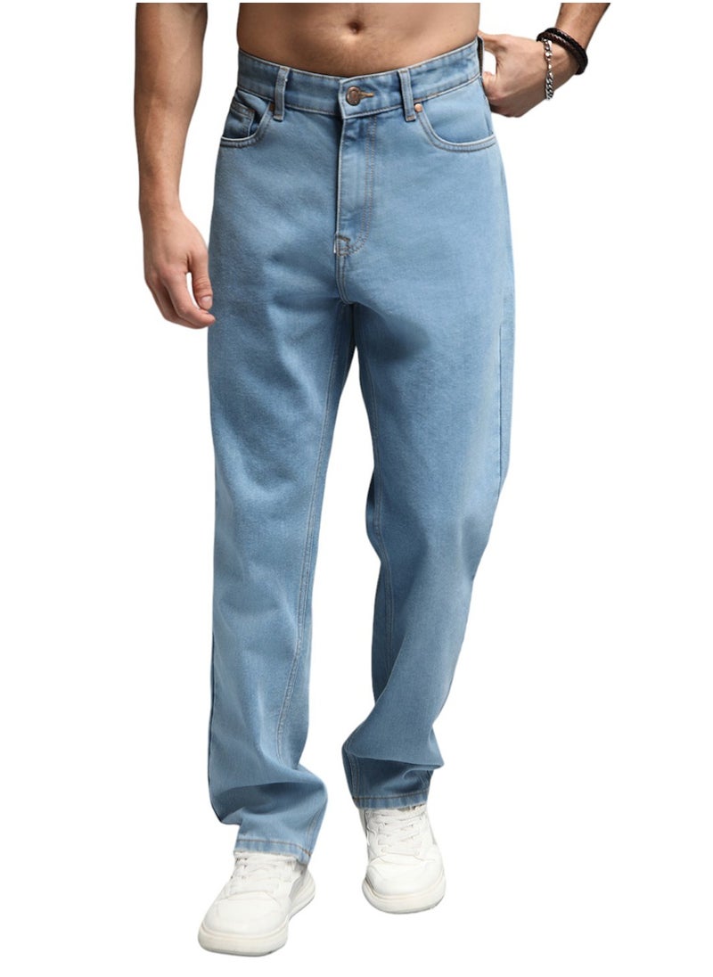 90s Straight Fit Mid-Rise Indigo Jeans for Men with Clean Look