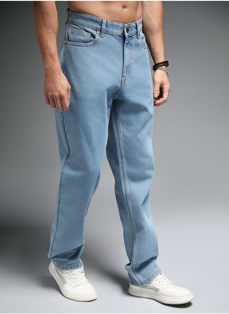 90s Straight Fit Mid-Rise Indigo Jeans for Men with Clean Look