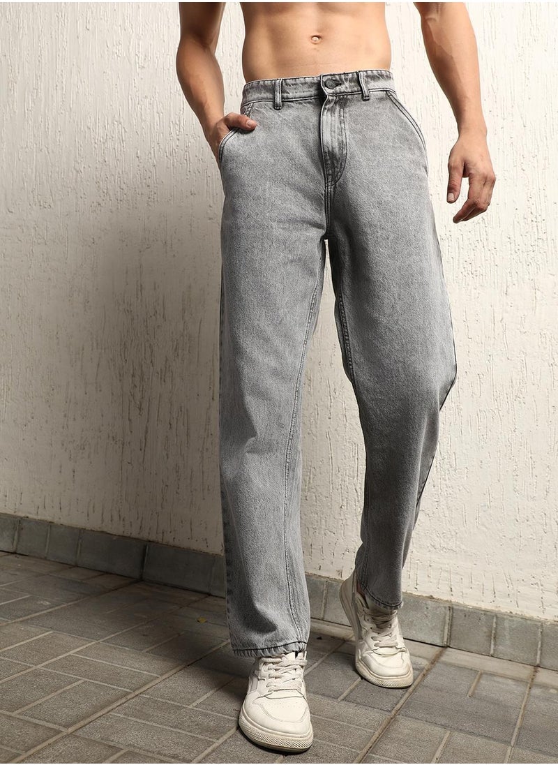 Grey Loose Fit Mid-Rise Heavy Fade Cotton Jeans for Men