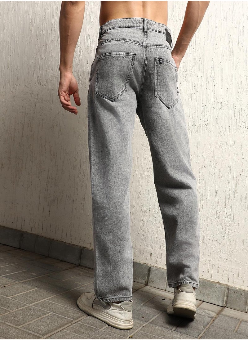 Grey Loose Fit Mid-Rise Heavy Fade Cotton Jeans for Men