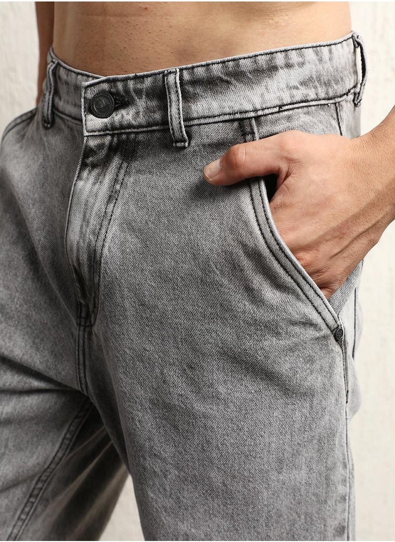 Grey Loose Fit Mid-Rise Heavy Fade Cotton Jeans for Men