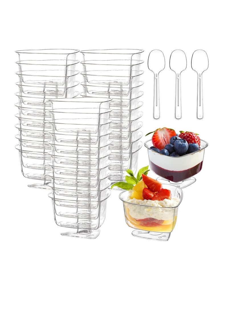 Clear Dessert Serving Bowls with Spoons 50 Pack 4 oz Mini Plastic Dessert Cups Disposable Reusable Mousse Parfait Appetizer Cups for Home Gatherings Events Parties Weddings