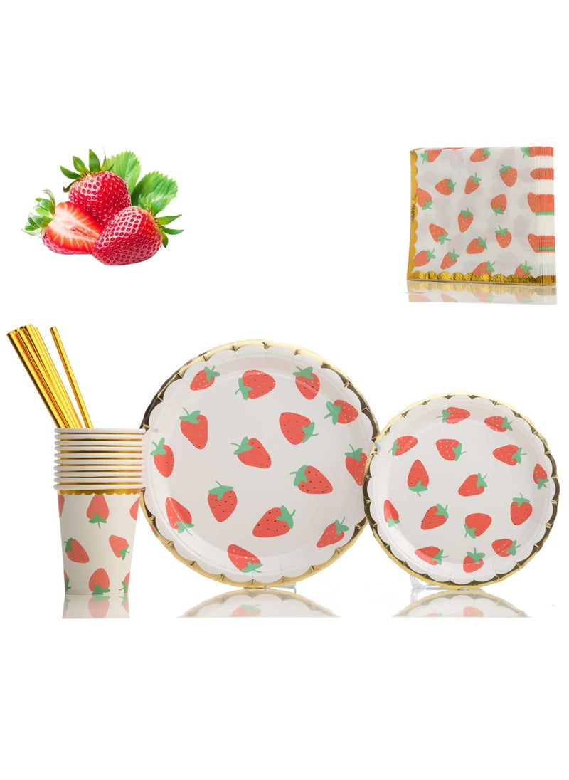 Strawberry Party Tableware Set, Party Decorations Disposable Dinnerware Set Including Plates,Napkins,Straws and Cups for Fruit Theme Birthday Party Table Decoration Supplies,Serves 10 Guest