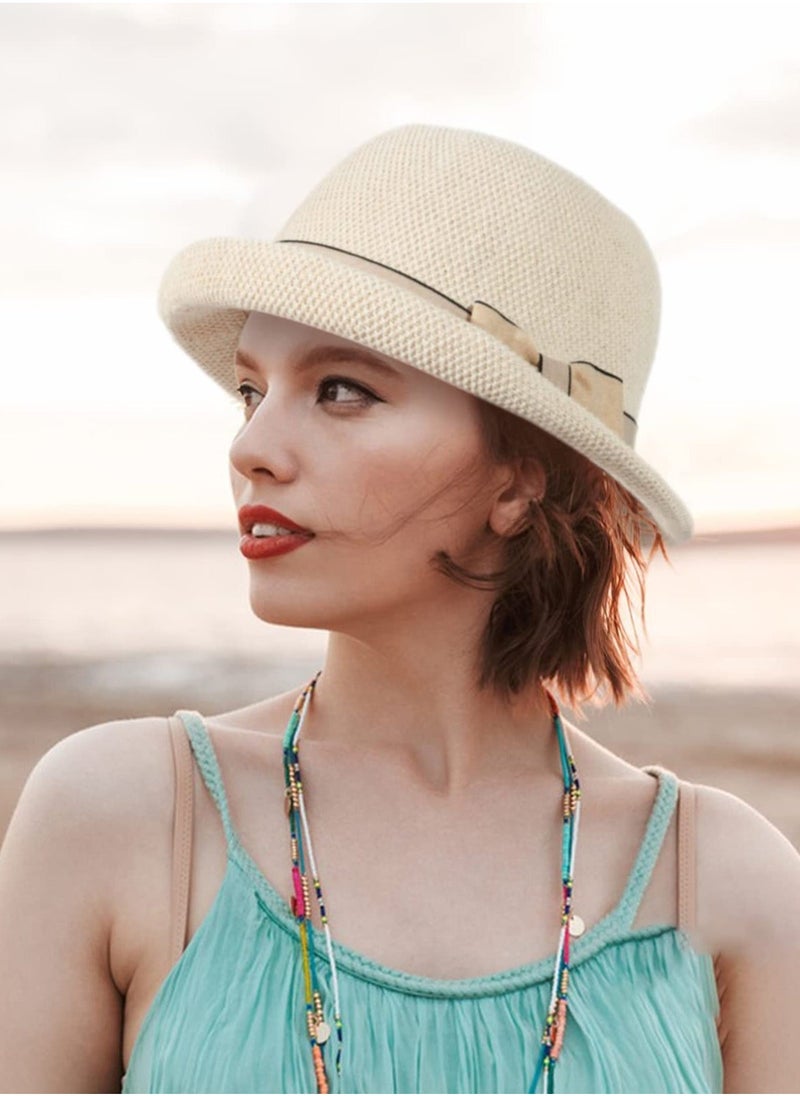 Womens Summer Cloche Straw Bucket-Sun-Hats Foldable Wide Brim Beach Bucket Bucket Hat Summer Beach hat Outdoor Cap