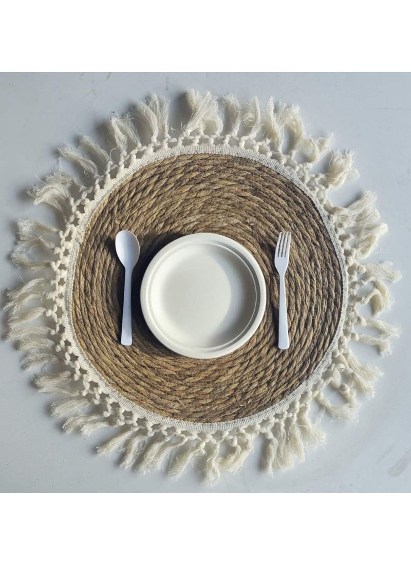 Round Placemats Set of 10 Pcs Jute Tablemat with Tassel Heat Resistant Woven Place Mats Anti-Slip Placemats or Table Mats 38 X 38 Cm